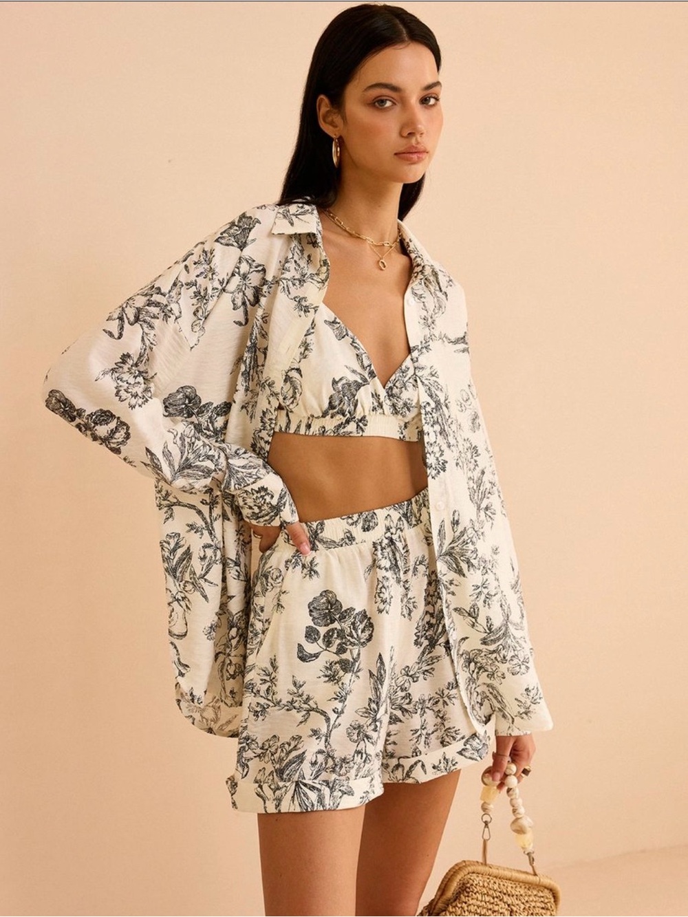 Commense Cream Floral Print Bermuda Shorts